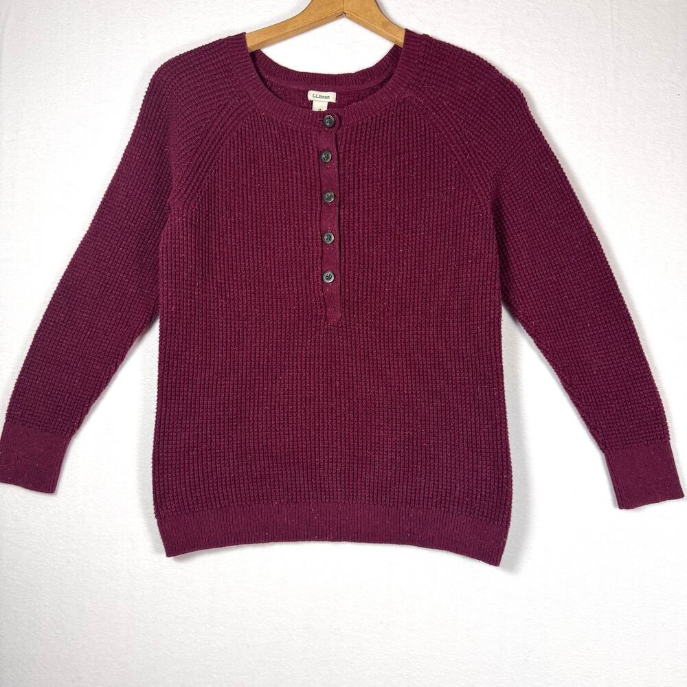 L.L BEAN Women Waffle Knit Henley Sweater Half Button Size M Organic Cotton